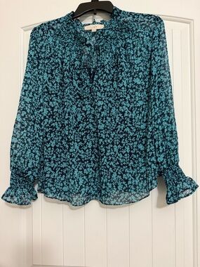 LOFT Teal & Floral Sheer Tie-Neck Blouse XL